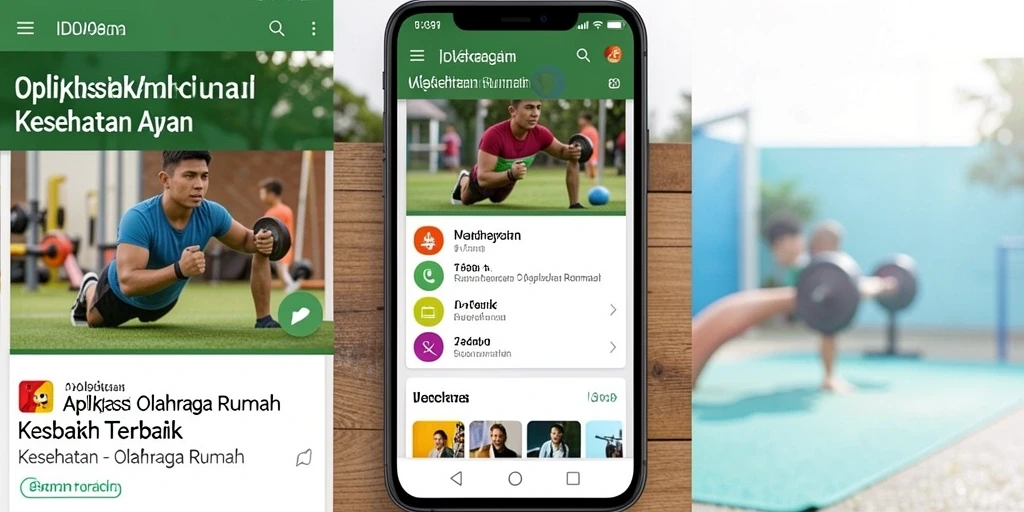 Screenshot aplikasi ID098 menampilkan berbagai fitur latihan olahraga rumah.