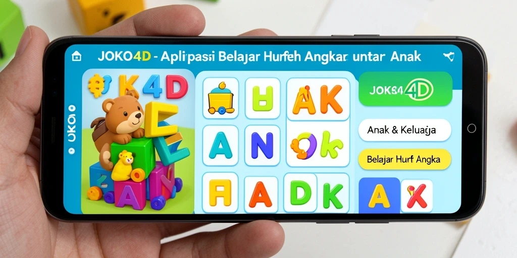 Antarmuka aplikasi JOKO4D untuk belajar huruf dan angka yang interaktif.