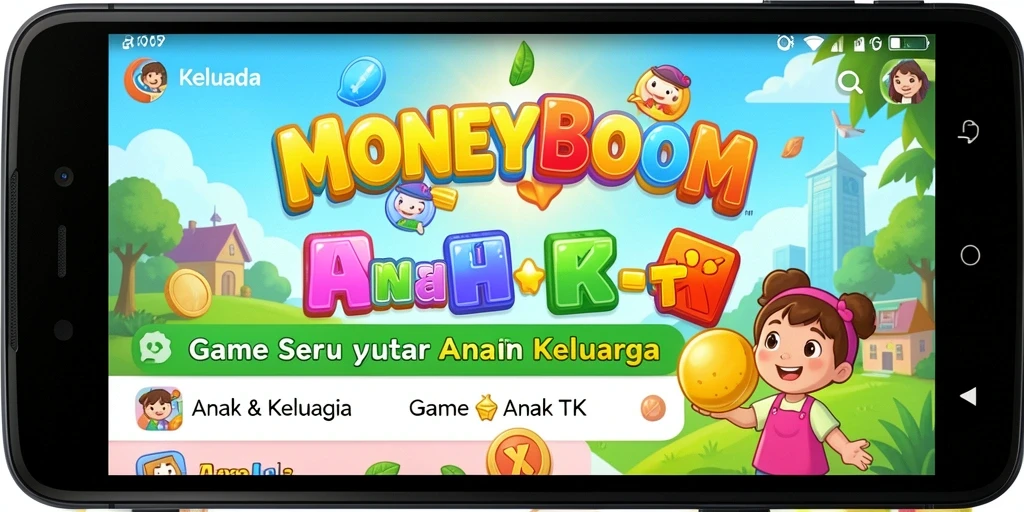 Tampilan utama aplikasi MONEYBOOM yang penuh warna dan menarik.