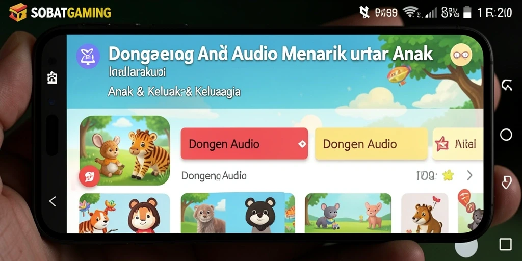 Antarmuka SOBATGAMING yang ramah anak dengan berbagai pilihan dongeng.